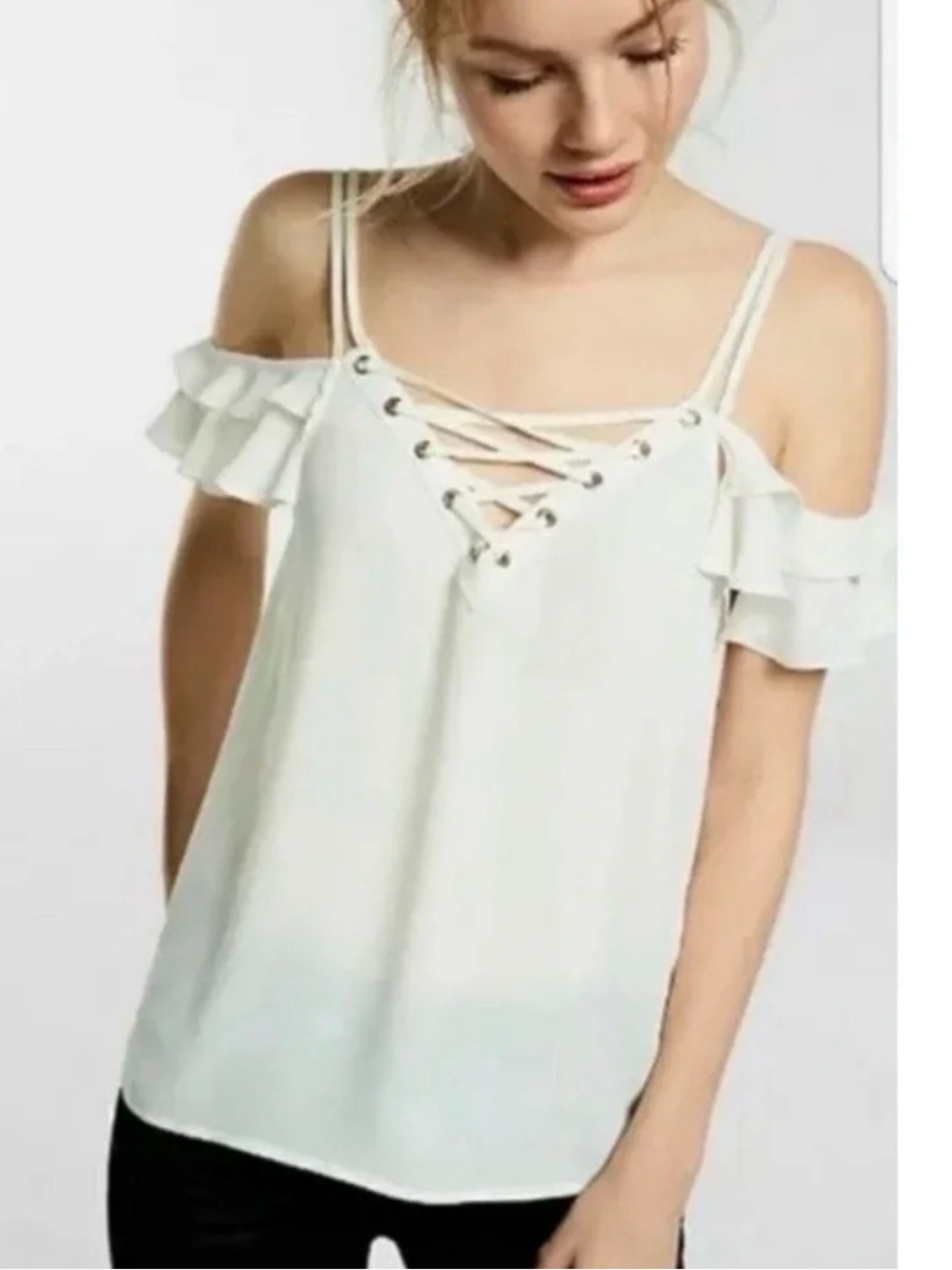 Express size xs sheer flowy chiffon lace up cream ruffle top dressy sexy new